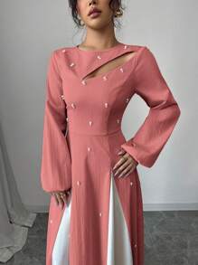 Modelyn 女士优雅双色拼接泡泡珠镂空腰 A 字形连衣裙超长女士装长款晚礼服 - 紅色 - 查看 5