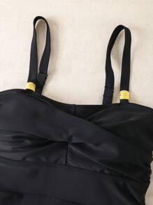 Swim Lushoire 春假女士夏季纯色优雅交叉网眼面板可调节肩带连体泳衣 - 黑色 - 查看 5