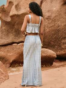 Poéselle Conjunto azul plissado, ideal para praia, com blusa de amarrar e saia plissada. Elegante, perfeito para encontros, férias, casamentos e festivais. Conjunto feminino casual de 2 peças com blusa regata de alças finas e saia. Moda minimalista para o verão. - Cinza - Ver 6