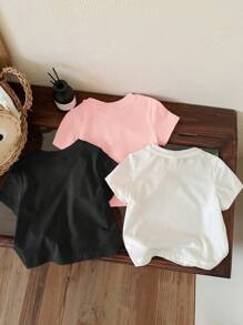 SHEIN Leap Crew Atasan Bayi Perempuan Kasual Minimalis Lengan Pendek Kerah Bulat, Cocok untuk Musim Panas - MultiWarna - View 2