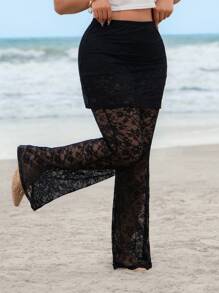 SHEIN VCAY Plus Size Sexy Doorschijnende Kanten Uitlopende Broek