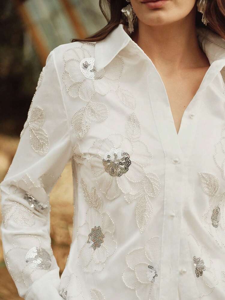 Women's New Elegant Style Long Sleeve Sparkling Button-Up Casual Top, Spring