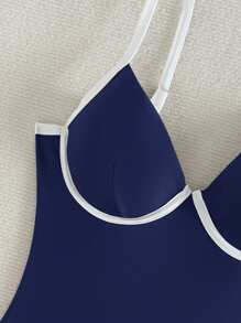 Swim Basics Women's Contrast Trim High Cut One-Piece Swimsuit With Padded Cups, Adjustable Shoulder Straps, One-Piece Bathing Suit For Summer Beach Vacation - Blue - View 3