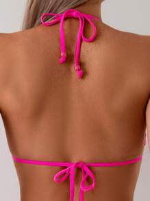 SHEIN Swim 2pcs Set Fuchsia Mesh Lace-Up Sexy Triangle Cup Bikini