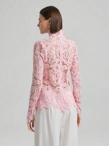 Ontre Women Elegant High Collar Lace Material Blouse Shirt Top, Sakura Pink