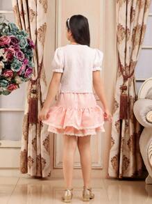 SHEIN Tween Girls 2pcs Set, Short Sleeve Textured Puff Sleeve Crop Top & Handcrafted Textured Floral Mini Skirt, Perfect For Outing, Party, Birthday - Multicolor - View 2