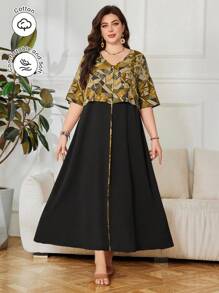 SHEIN Lacomfia V-Neck Geometric Digital Printing Patchwork Loose Retro & Generous Plus Size Arabian Dress