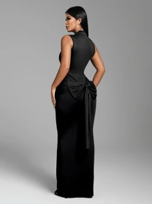 Zolique SHEIN Foxxy Women's High Collar Front Tied Sexy Extra Long Dress - Black - View 3