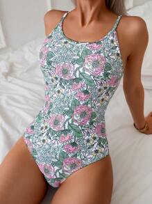 SHEIN Swim Traje de baño de una pieza con estampado floral tropical y espalda descubierta, ropa de playa informal para vacaciones de verano, traje de baño sexy de una pieza - Multicolor - Ver 3