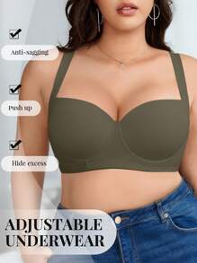 1pc Plus Size Seamless Comfortable Wireless Lightly Lined Lift & Support Bra - Olive Green - View 7
