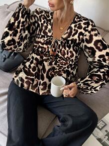 Serisse 女士时尚豹纹灯笼袖系带衬衫