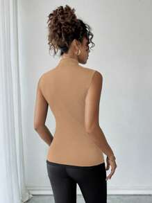 Calvaya Elegante canotta da donna aderente con collo a lupetto, in maglia sottile con inserti in rete, senza maniche