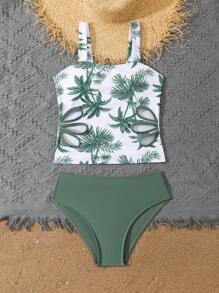 Conjunto de tankini de traje de baño con estampado de palmeras para adolescentes, para vacaciones de verano - Verde - Ver 5