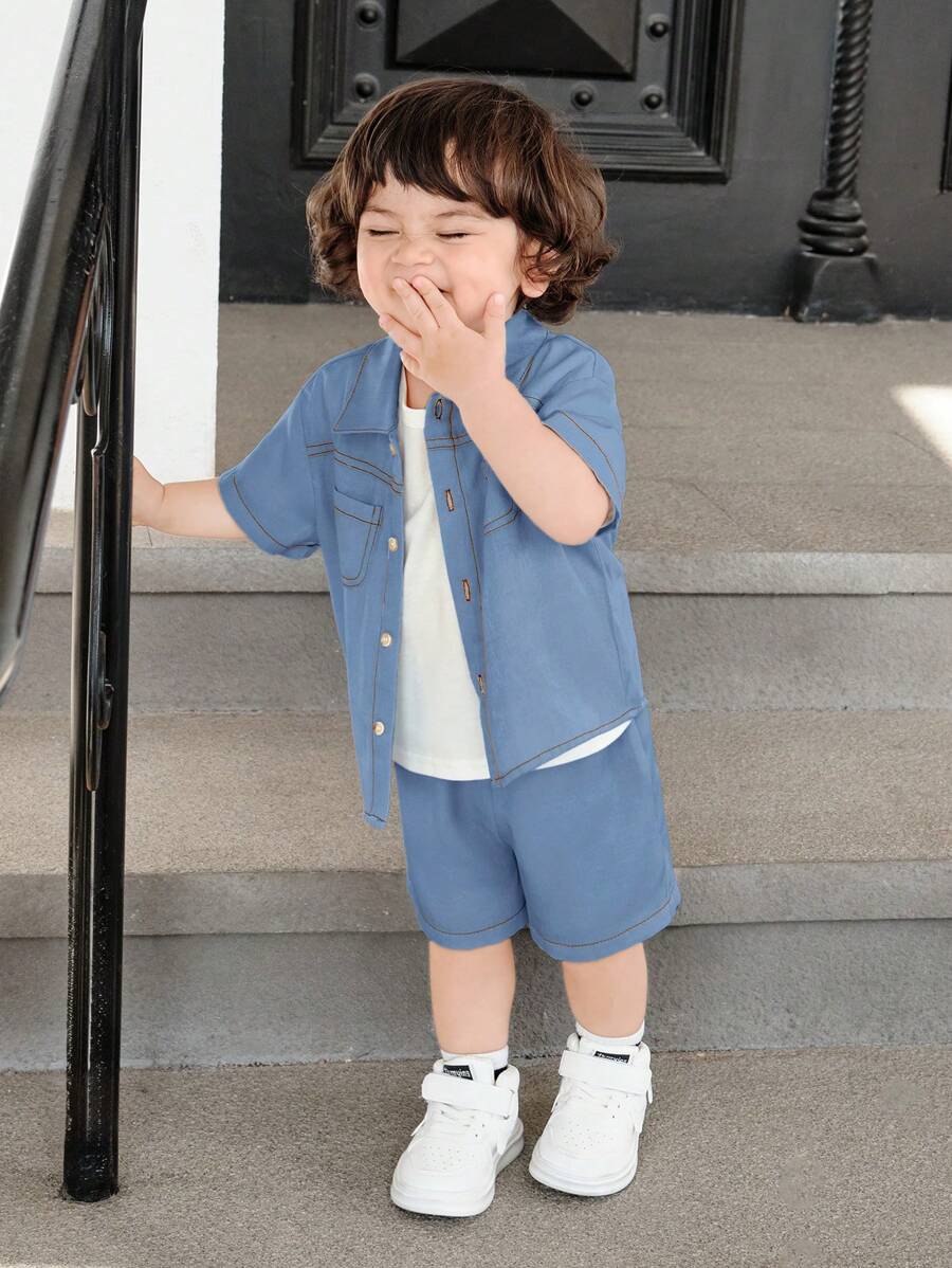 SHEIN 婴儿 3 件套：纯色翻领短袖开衫、松紧腰短裤、圆领 T 恤，适合男婴/女婴 - 藍色 - 查看 1