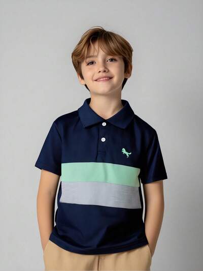 Tween Boy Colorblock Horse Print Detail Polo Shirt Summer Holiday