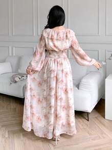Modelyn Women's Floral Print Patchwork Ruffled Lantern Sleeve Elegant Arabian Dress