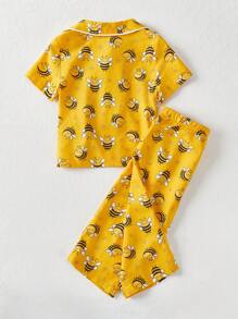 Cozy Pixies 2pcs Baby Boy Honey Pattern Lapel Short Sleeve Top And Elastic Waist Pants Set - Yellow - View 2