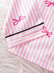 Set di top e pantaloni casual lunghi a maniche lunghe da ragazza con colletto alla coreana, stampa a cuori e fiocchi, aperto davanti, comodo, abbigliamento da relax