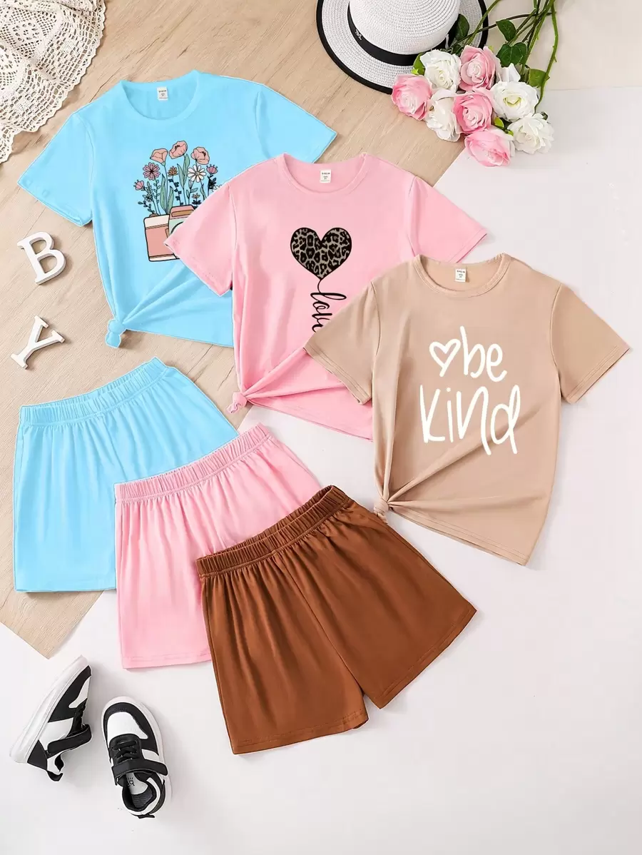Bộ 3 món đồ thường ngày cho bé gái tuổi teen, áo phông họa tiết da báo, trái tim, máy ảnh, hoa, chữ và quần short cơ bản 2 món - Nhiều màu - Xem 1