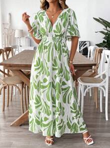 Breezaya Plus Size Damska Elegancka Dojazdy do Pracy/Randka Swobodna Plaża Kwiatowy Botaniczny Dekolt w Serek Seksowna Sukienka z Rękawem 3/4