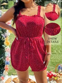 SHEIN LUNE Mono con tirantes de botones, volantes y decoración de lunares - Rojo - Ver 1