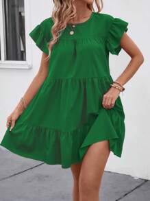 Balvessa Đầm babydoll rộng rãi cổ tròn màu trơn mùa hè cho nữ có viền bèo nhún trang phục đi biển - Màu xanh lá cây đậm - Xem 3