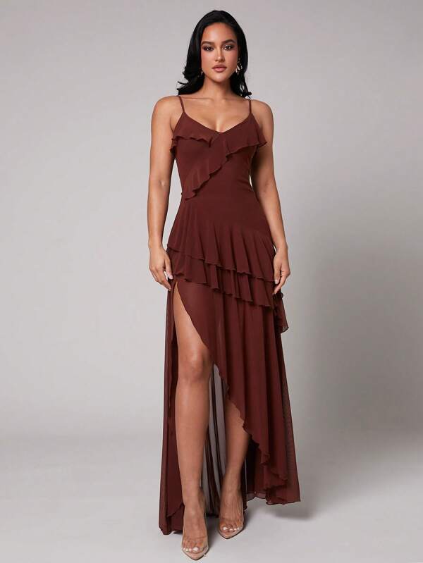 Silquee Early Spring & Summer Solid Brown Sexy, Romantic Valentine's Day & Date Dress, Elegant Women's Solid Color Asymmetric Ruffle Collar, Asymmetric Hem Spaghetti Strap Dress, Valentine's Day Dress, Party Dress, Romantic Date Dress, Bridesmaid Mini Dress, Ball Gown Dress, Casual Commuter Dress, Red Dress, Birthday Mini Dress, Holiday Outfit, Daily Vacation Wear, Suitable For Spring Break Vacation, Beach Vacation, Flowing Dress