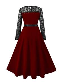 SHEIN Clasi Vintage Lace Patchwork Flare Party Dress, New Sexy Retro Long Sleeve Lace Splicing Flare Dress, Round Neck Long Sleeve Solid Color Flare Lace-Up Waist Dress, Red Dress