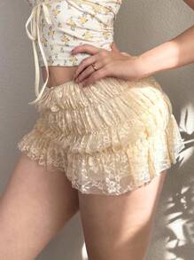 EgrlEra 复古法式芭蕾蕾丝迷你裙，春假 - 杏色 - View 4
