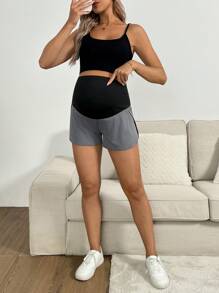 SHEIN Maternity Casual Adjustable Waist Color Block Shorts, Summer - Black - View 5