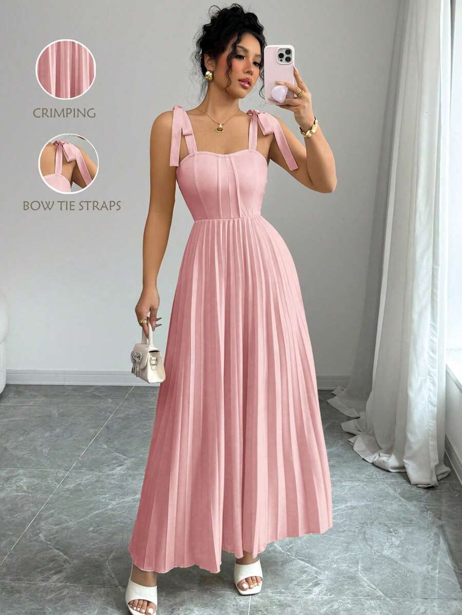Elenzga Elegant Tie Bow Ruched A-Line Flowy Dress For Women, Spring/Summer - Pink - View 1