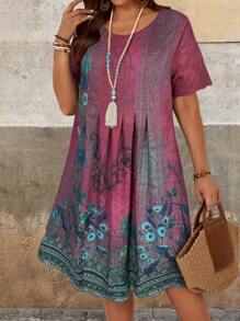 EMERY ROSE Vestido de verano con estampado floral verde para mujer de talla grande, estilo campestre