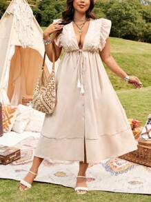 SHEIN LUNE Plus Size Vacation Solid Color Embroidered Ruffle Hem Tassel Dress - Khaki - View 4