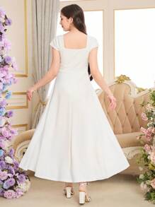 Váy midi xếp nếp cổ vuông tối giản màu trắng thanh lịch cho bé gái tuổi teen, mùa hè - trắng - Xem 2