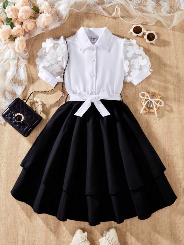 SHEIN Glamorique Kids Set 2 buc. pentru fete preadolescente, cămașă elegantă cu guler răsturnat, brodată în plasă contrastantă, mânecă scurtă și fustă stratificată cu talie elastică, ținută de primăvară/vară, vacanță, vară, călătorie