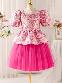 1pc Tween Girls Backbowtie Splicing Net Panel Puff Sleeve Jacquard Dress, Spring/Summer - Hot Pink - View 1