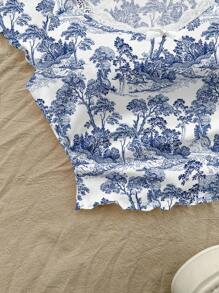 Soleia Vintage Blue Floral Print Mock Neck Short Sleeve Bodycon T-Shirt - Multicolor - View 6