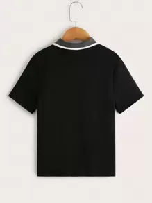 SHEIN Tween Boy 休闲短袖撞色领字母刺绣 Polo 衫，轻便，适合夏季 - 黑色 - 查看 2