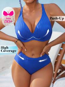 Swim DD+ Beach Summer Outfits For Women, Sexy DD+ Padded High Waist Two Pieces Bikini Set, Textured Fabric, Azure Blue