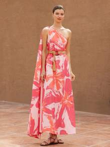 GENKIRA Vestido de línea A sin mangas con estampado floral de efecto de pincelada de óleo romántico y elegante para mujeres, estilo bohemio de vacaciones, estampado total de moda para el verano - Multicolor - Ver 5
