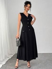 Modelyn Đầm dài cổ đứng thanh lịch cho nữ - màu đen - Xem 5