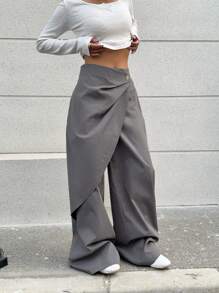 SHEIN EZwear Quần ống rộng dáng suông màu trơn dành cho nữ cỡ lớn, kiểu dáng thường ngày. - Xám - Xem 6