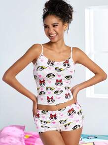 THE POWERPUFF GIRLS X SHEIN Women's Clothing, Camisole Top & Shorts Pajama Set, White, Buttercup, Bubbles, Blossom, PPG, Cartoon Pattern, Full Print Pattern, Heart Pattern, Y2K, Concert Outfit, Rave Outfits Festival, Country Concert Outfit, Cute, Sexy, Casual, 2025 Spring/Summer