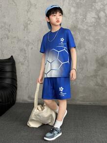 Set de 2 piezas con camiseta de manga corta y pantalones cortos con estampado de fútbol para niños preadolescentes