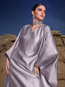 Al Najma 女士优雅蝙蝠袖土耳其长裙和阿拉伯传统长袍 - 淡紫色 - 查看 6