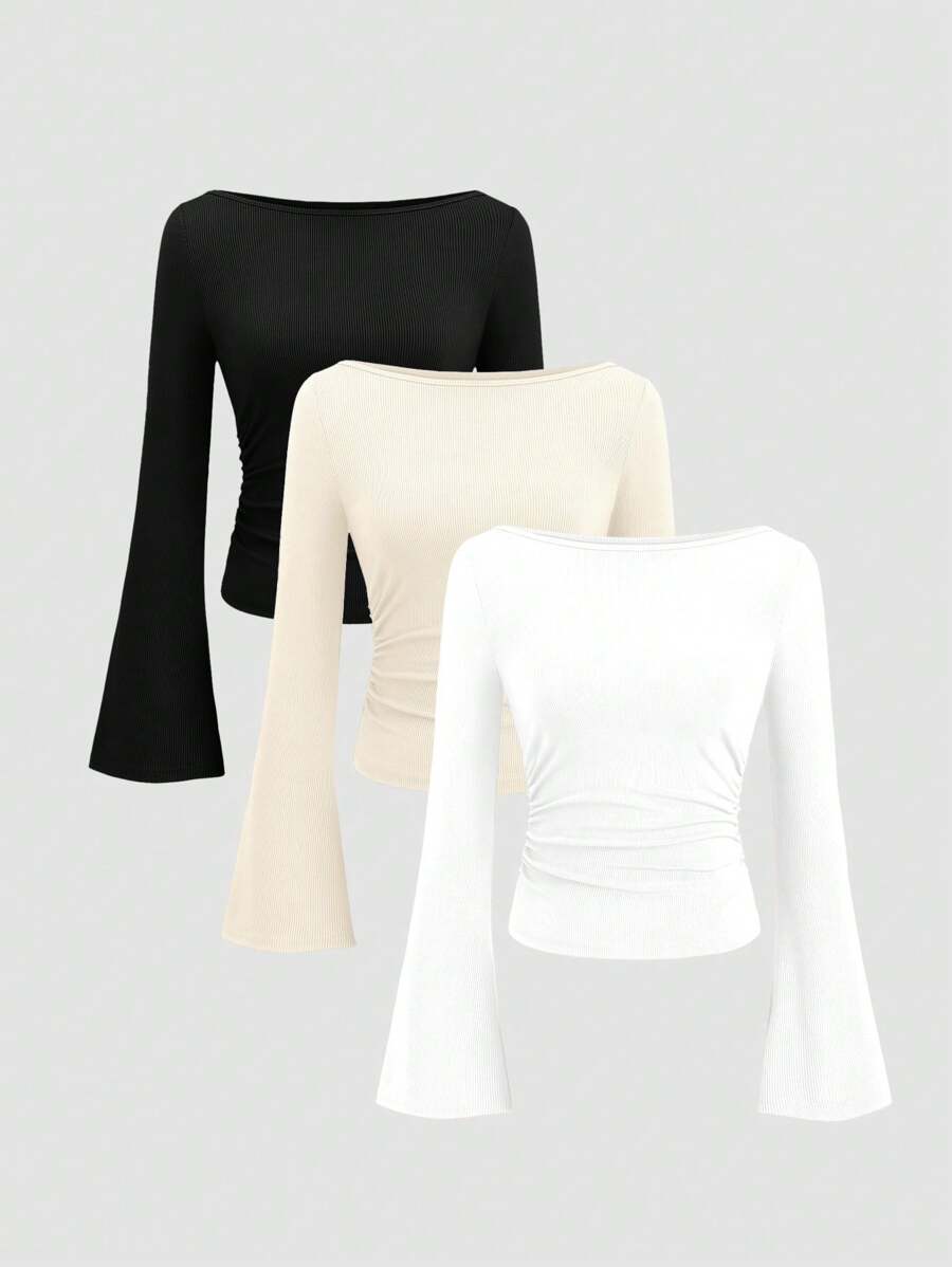 Sweetra Women's Solid Color Long Sleeve T-Shirt, Minimalist Fashion Suitable For Summer Fall Cloth For Women - Multicolor - View 1