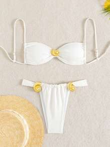 SHEIN Swim Bộ đồ bơi bikini dây mảnh màu trắng trơn có thể điều chỉnh, trang trí bằng kim loại, trang trí lưng cho nữ, trang phục đi biển mùa hè - trắng - Xem 2