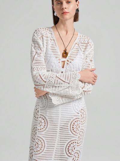 2025 New Music Festival, Concert, Country Music Festival Women's Music Event Outfit, Crochet Long Sleeve V-Neck Knit Dress, Beach Vacation Style, Color