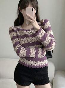 DAZY Women's Lace Pattern Round Neck Loose Long Sleeve Fashionable Blouse,Fall Clothes - Purple - View 5