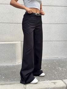 SHEIN EZwear 女士纯色简约时尚休闲西装裤，日常穿着 - 黑色 - 查看 6
